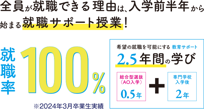 全員が就職できる理由は、入学前半年から始まる就職サポート授業！